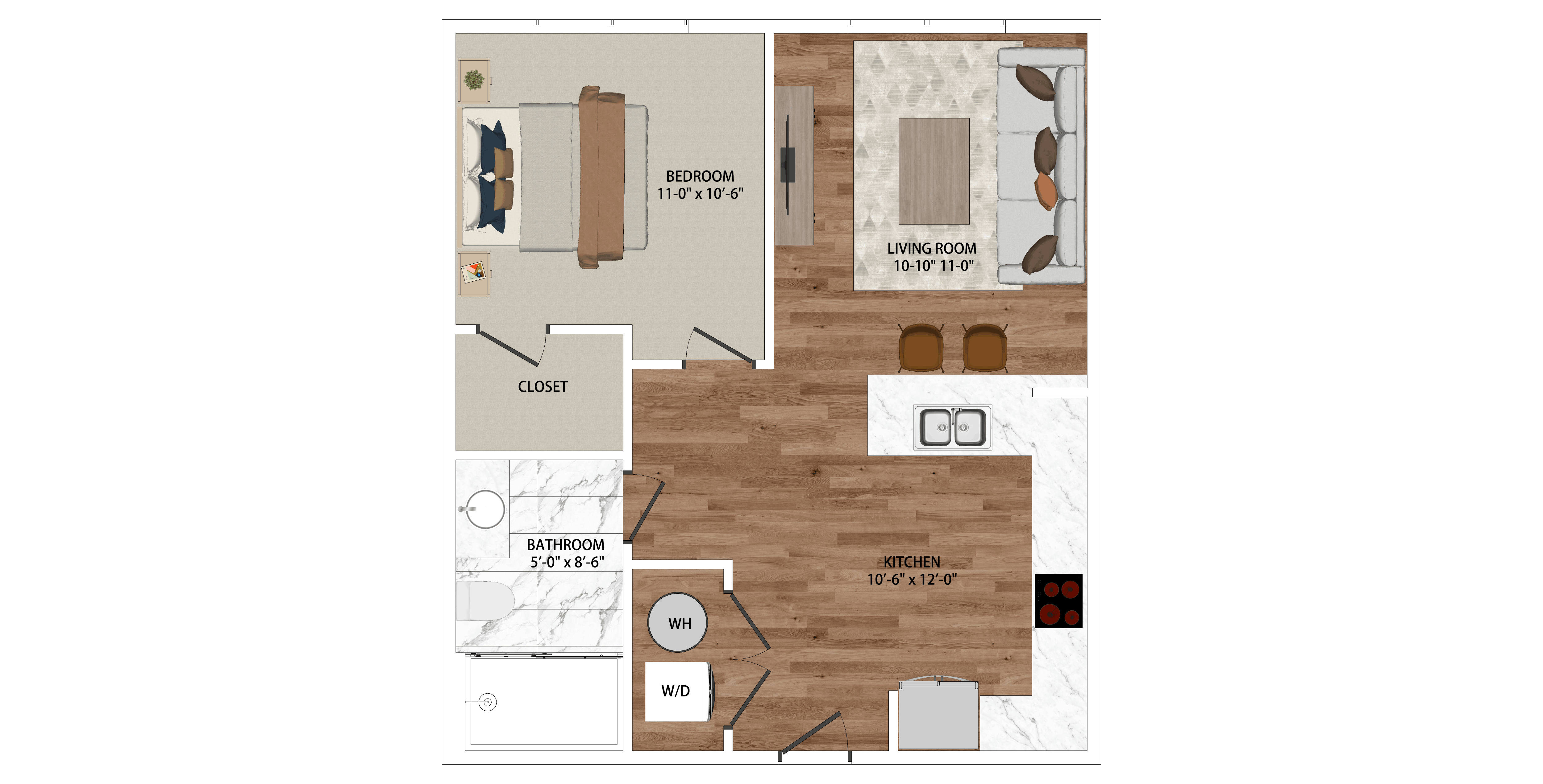 Floor plan for 1 bed, 1 bath, 559 sqft